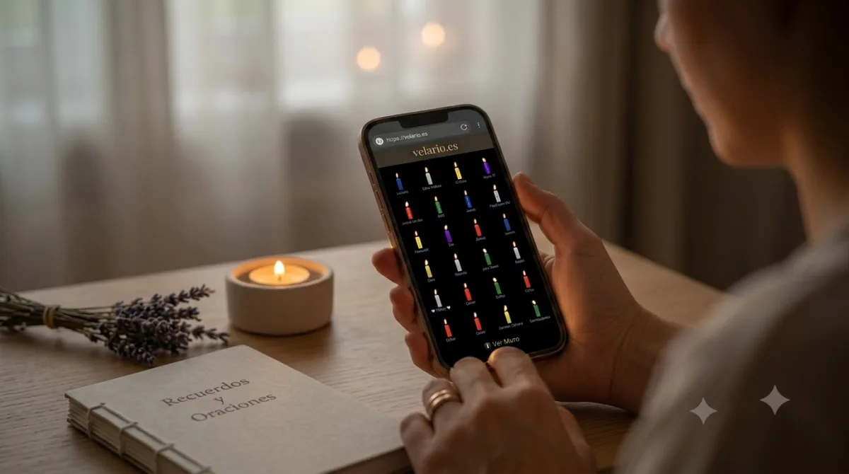 Manos sosteniendo un dispositivo móvil que muestra un altar digital con velas encendidas
