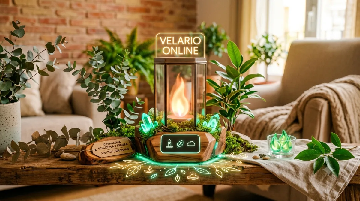 Vela digital brillando en un dispositivo móvil rodeado de un entorno de naturaleza y hojas verdes sostenibles