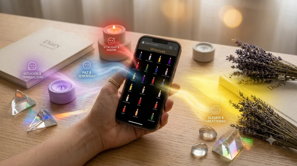 Móvil mostrando velas de diferentes colores en un ambiente cálido de cromoterapia y relajación