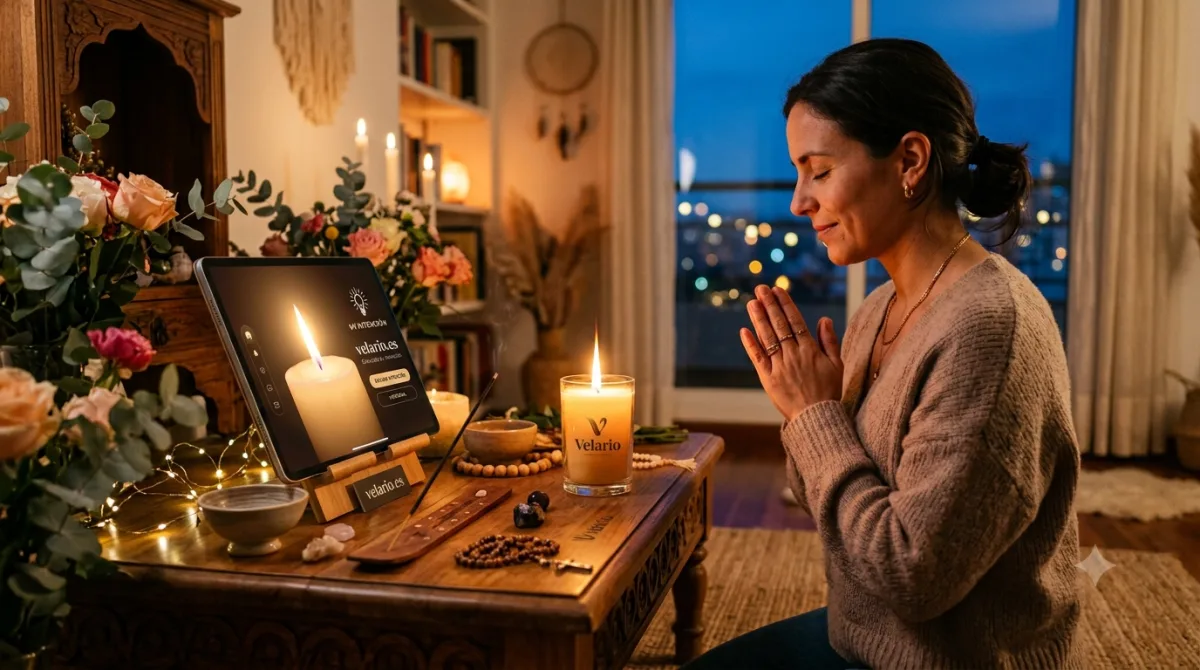 Manos sosteniendo un móvil que muestra una vela digital encendida emanando una luz cálida y espiritual