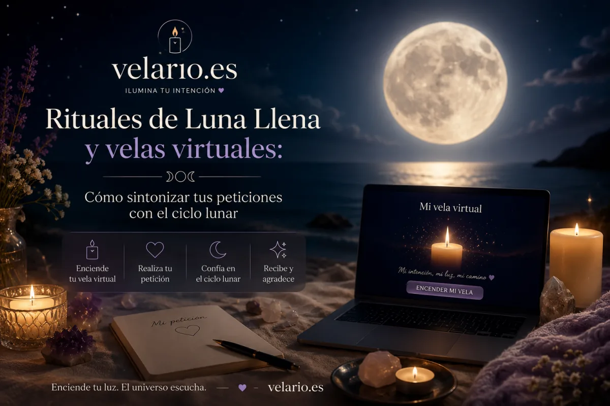 Teléfono móvil en un ambiente zen mostrando velas digitales de colores bajo la luz de la Luna Llena