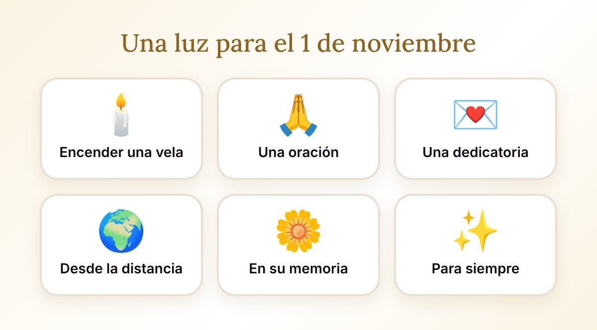 Una luz para el 1 de noviembre: Encender una vela, Una oración, Una dedicatoria, Desde la distancia, En su memoria, Para siempre