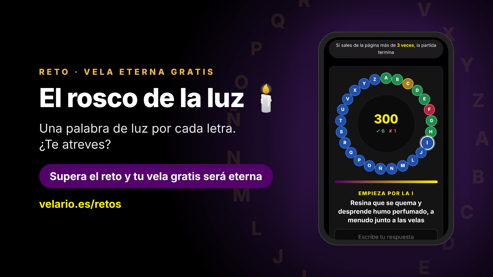 Portada del reto «El rosco de la luz» de velario.es, un rosco de letras con definiciones sobre velas, luz y tradiciones