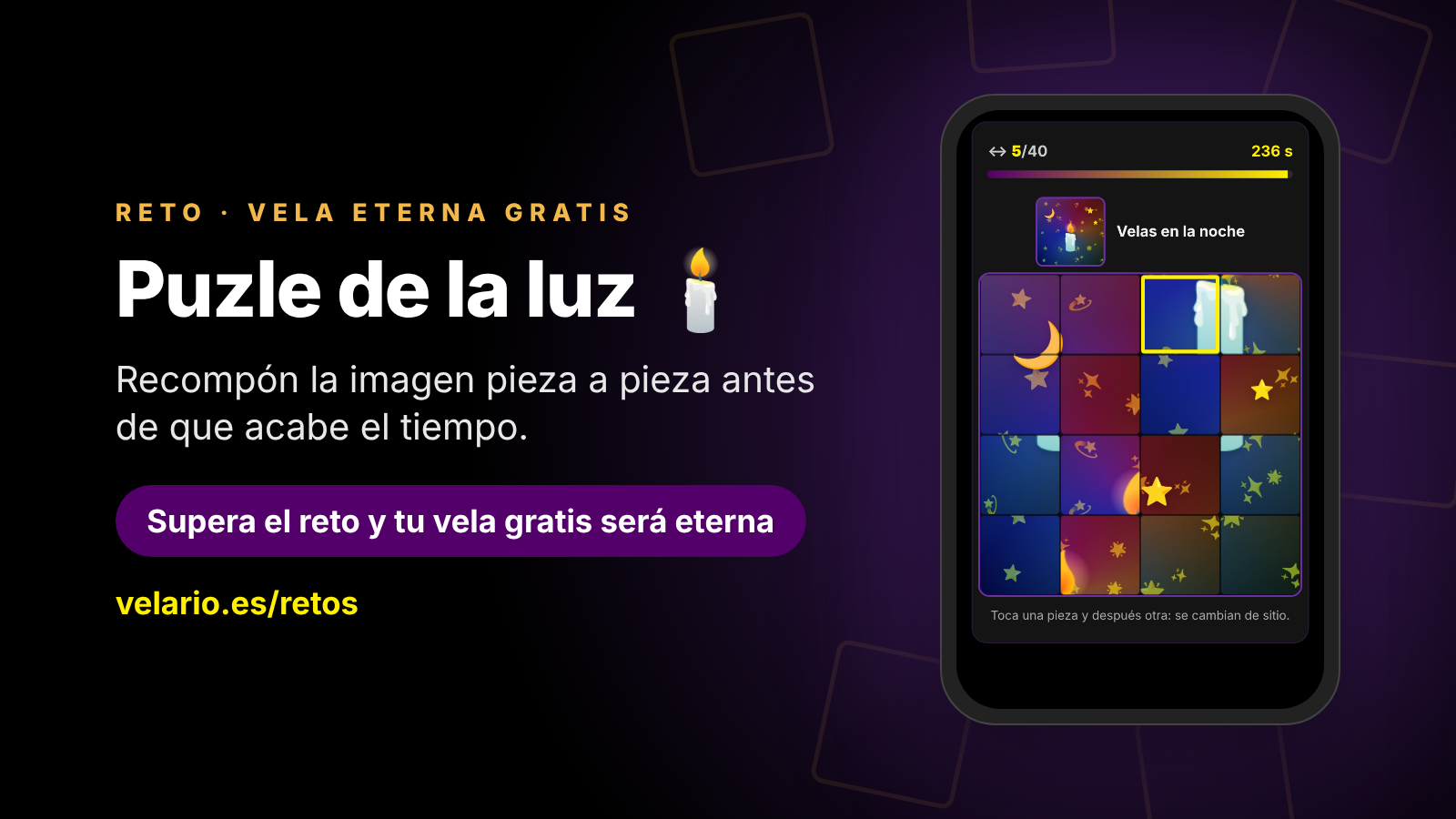 Portada del reto «Puzle de la luz» de velario.es, un puzle de piezas con una imagen de velas y farolillos