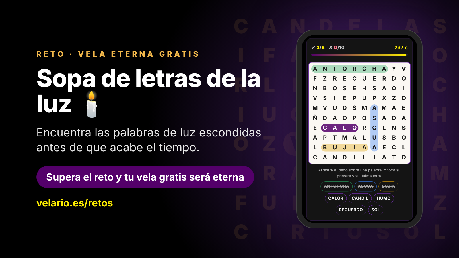 Portada del reto «Sopa de letras de la luz» de velario.es, una sopa de letras con palabras de velas, luz y tradiciones